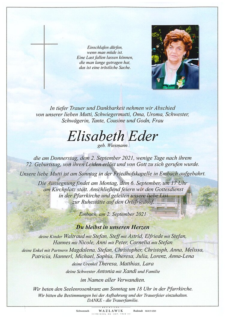 Parte von Elisabeth Eder † 02.09.2021