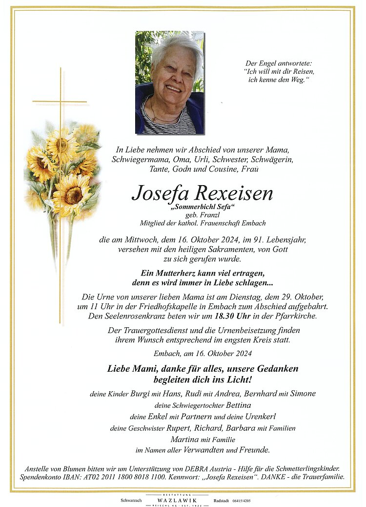 Parte von Josefa Rexeisen † 16.10.2024