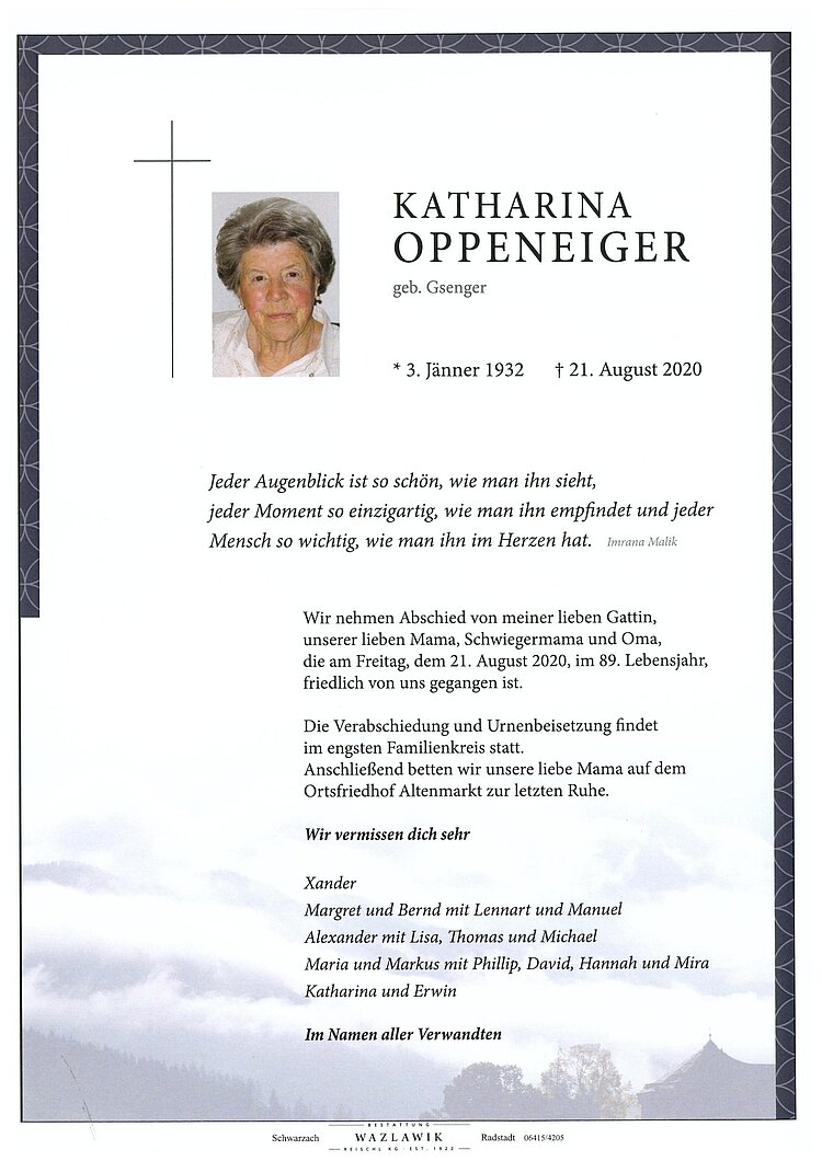 Parte von Katharina Oppeneiger † 21.08.2020