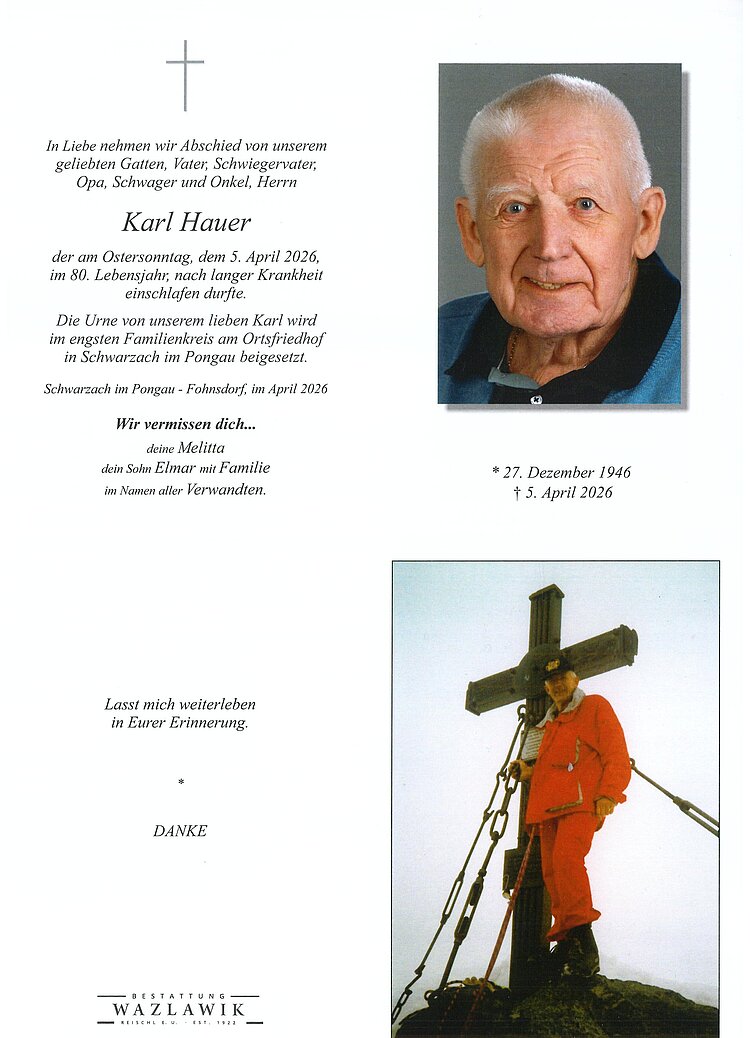 Parte von Karl Hauer † 05.04.2026