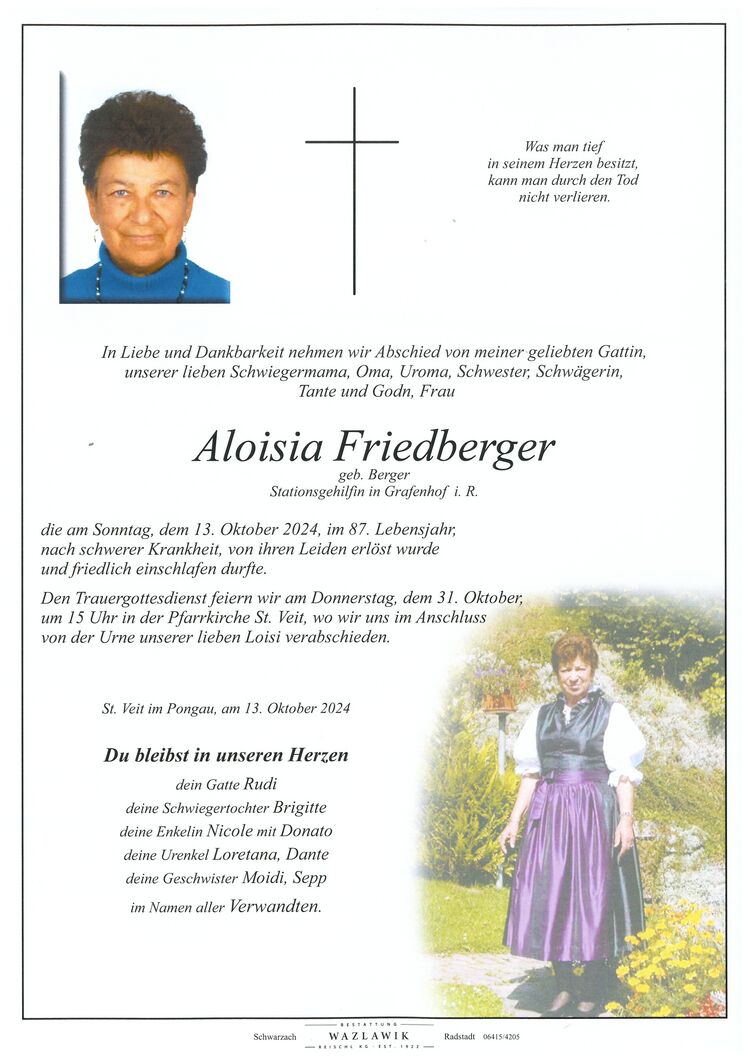 Parte von Aloisia Friedberger † 13.10.2024