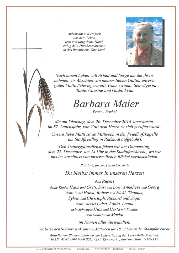 Parte von Barbara Maier † 20.12.2016