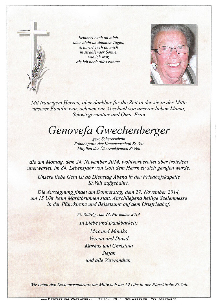 Parte von Genovefa Gwechenberger † 24.11.2014