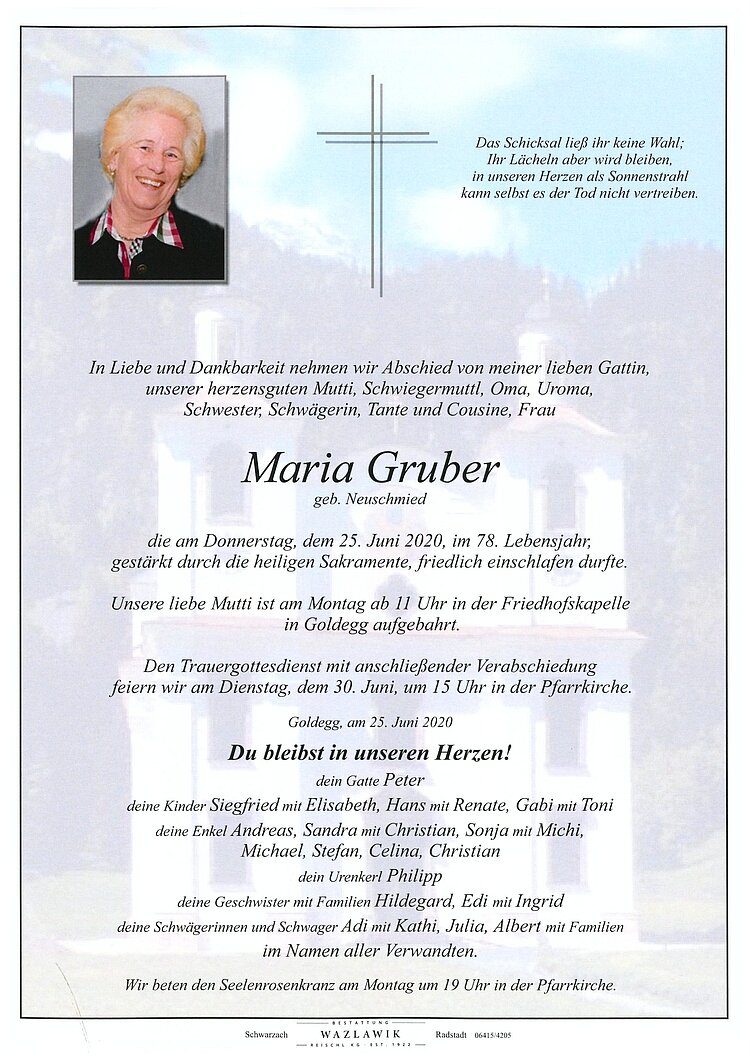 Parte von Maria Gruber † 25.06.2020