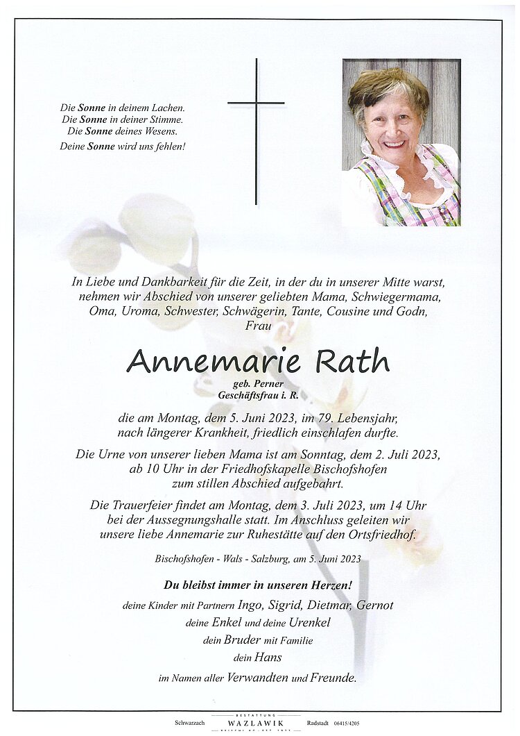 Parte von Annemarie Rath † 05.06.2023