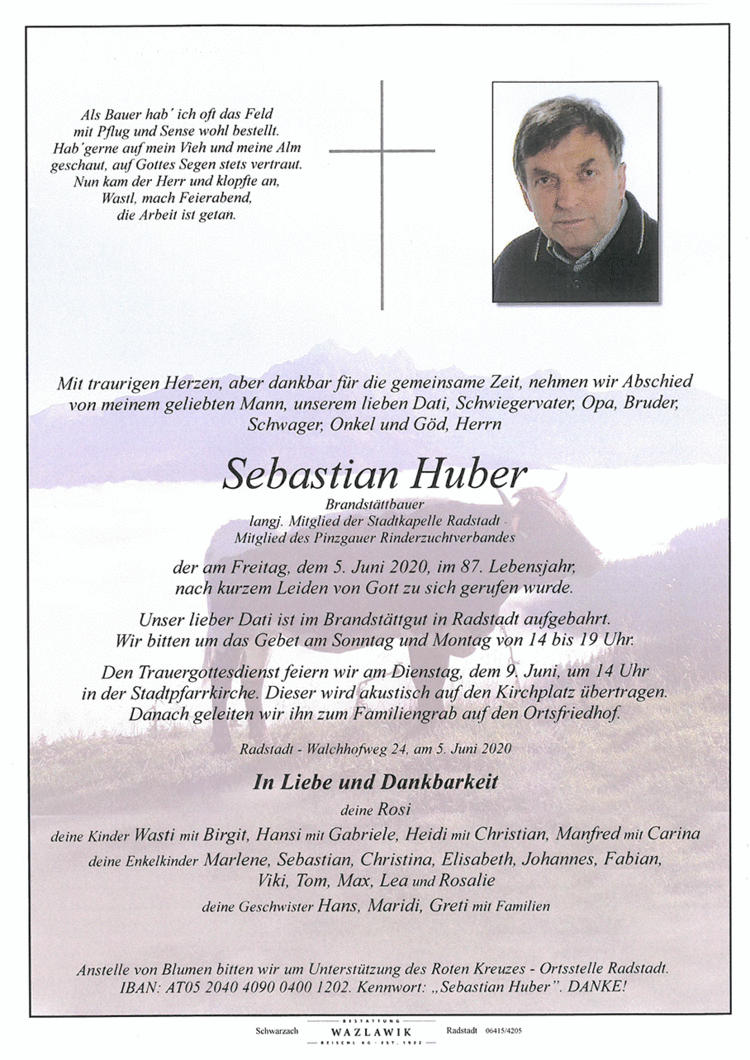 Parte von Sebastian Huber † 05.06.2020