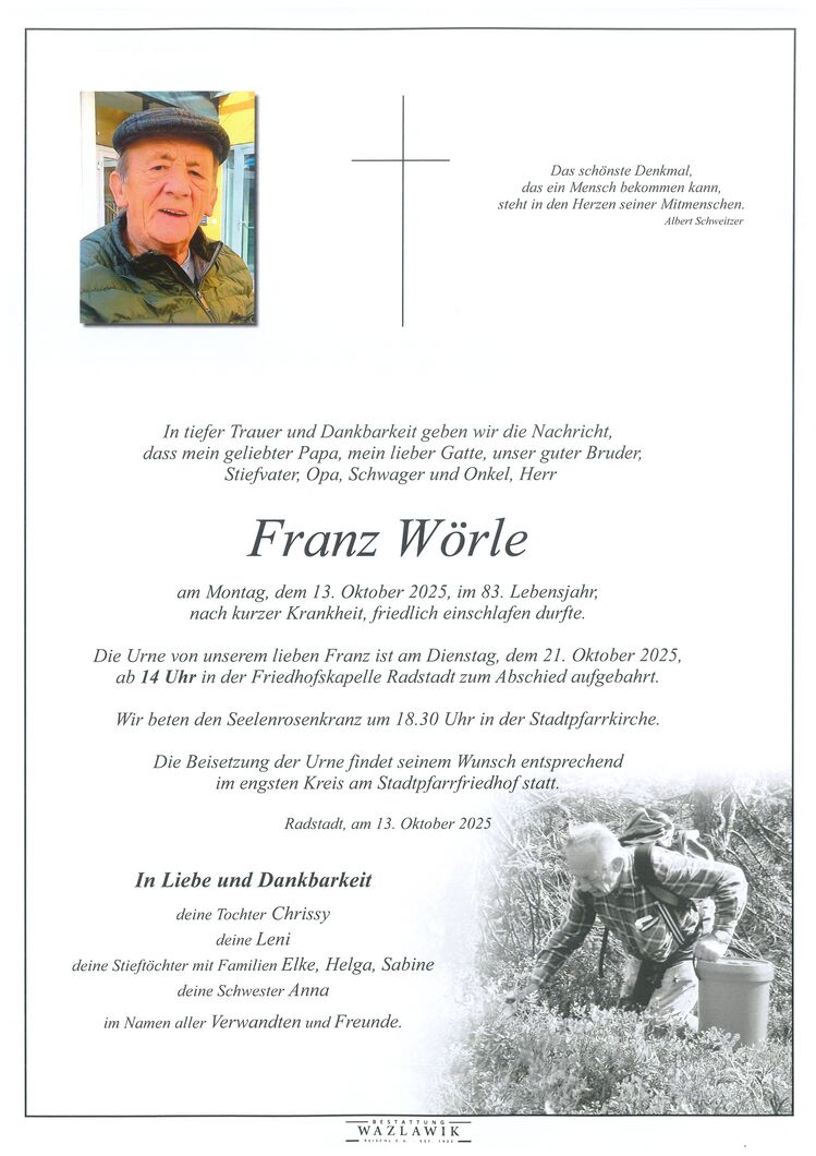 Parte von Franz Wörle † 13.10.2025