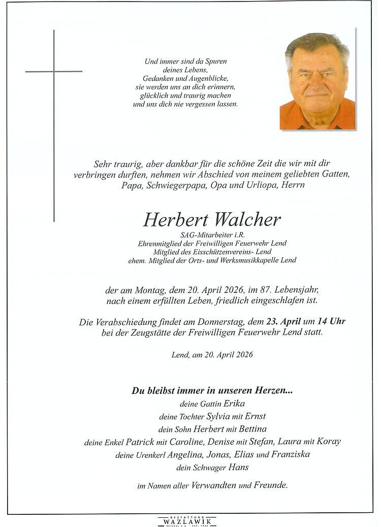 Parte von Herbert Walcher † 20.04.2026