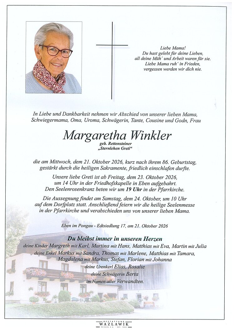 Parte von Margaretha Winkler † 21.10.2026