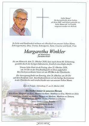 Parte von Margaretha Winkler † 21.10.2026 aus Eben im Pongau