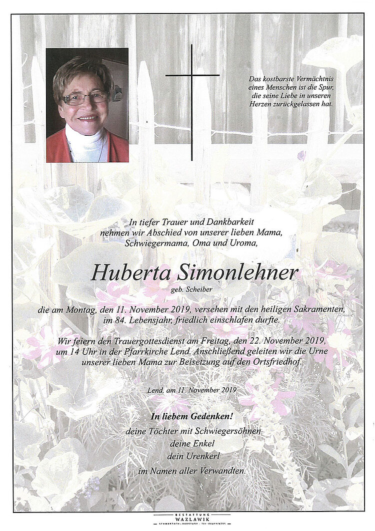 Parte von Huberta Simonlehner † 11.11.2019