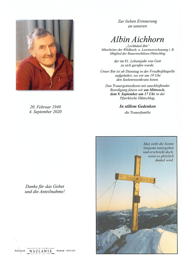 Parte von Albin Aichhorn † 04.09.2020