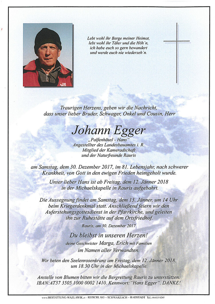 Parte von Johann Egger † 30.12.2017