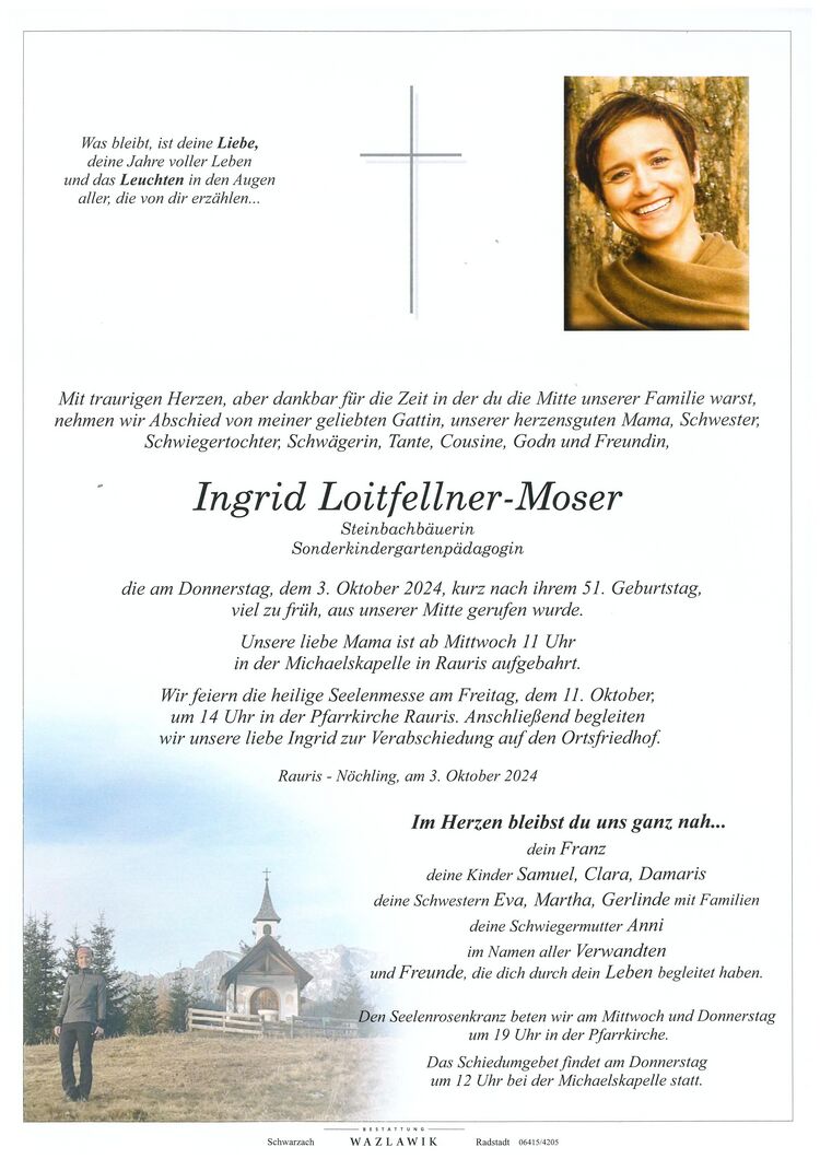 Parte von Ingrid Loitfellner - Moser † 03.10.2024