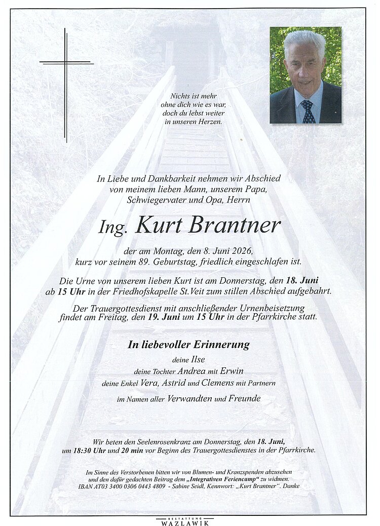 Parte von Ing. Kurt Brantner † 08.06.2026