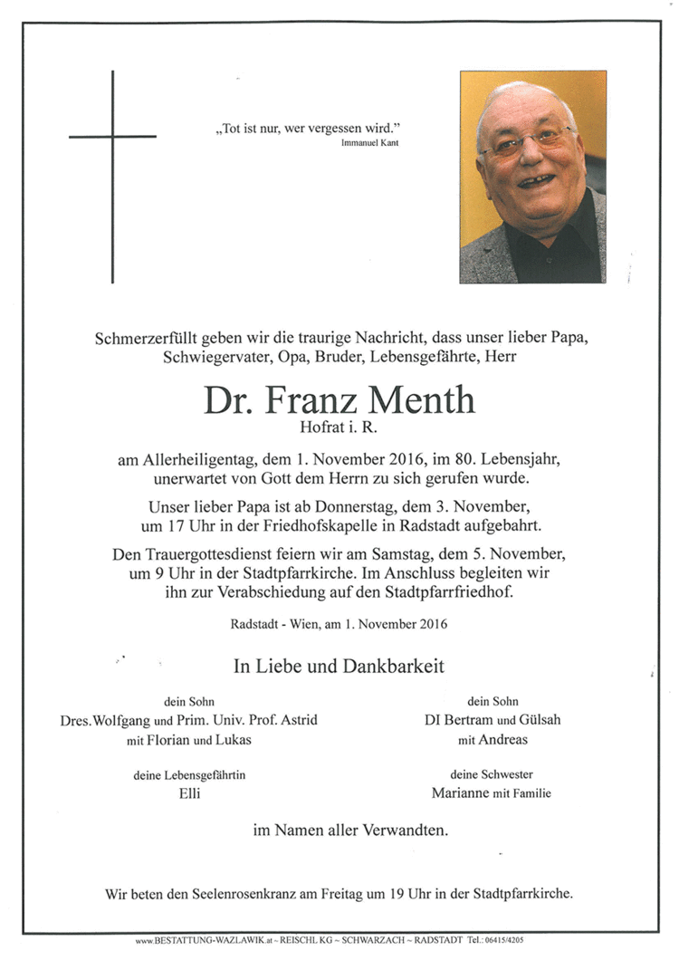 Parte von Dr. Franz Menth † 01.11.2016