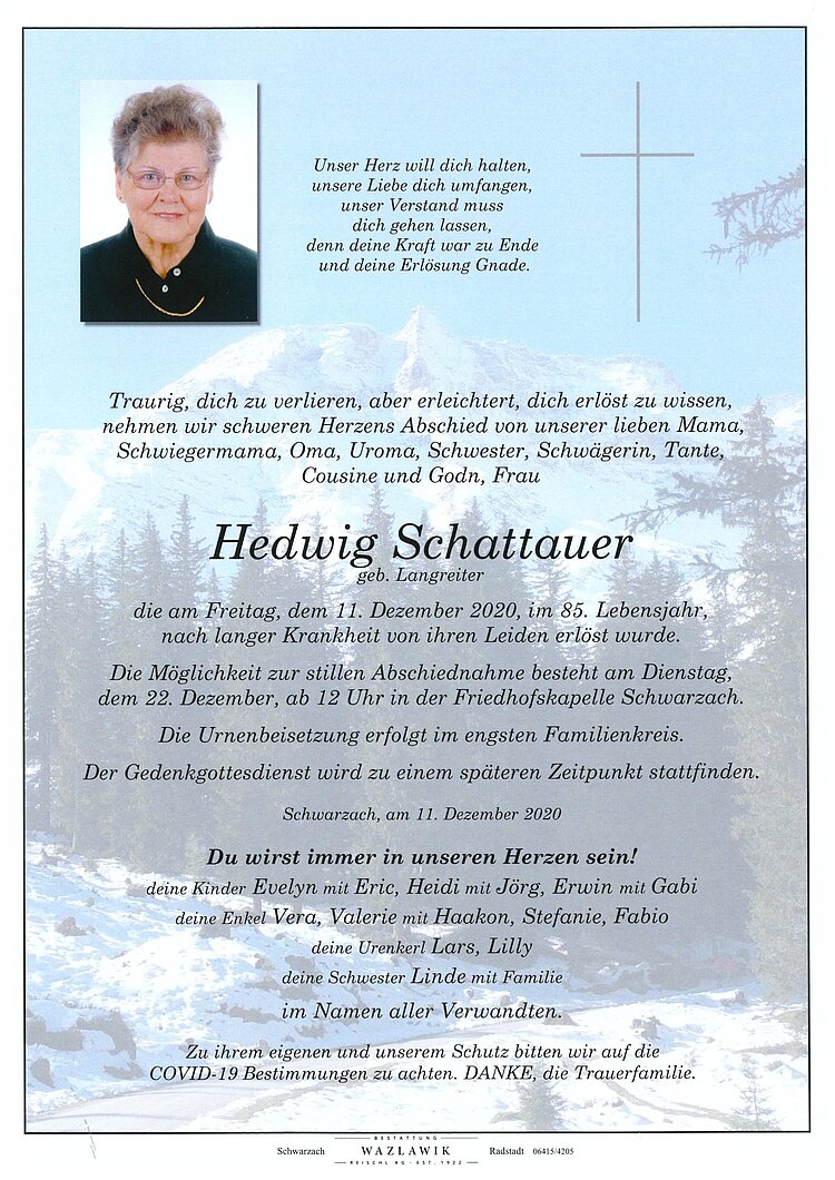 Parte von Hedwig Schattauer † 11.12.2020