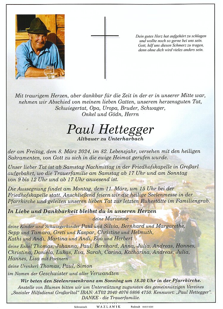Parte von Paul Hettegger † 08.03.2024