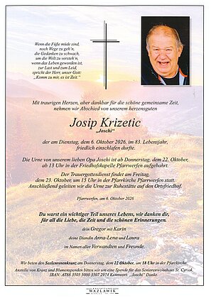Parte von Josip Krizetic † 06.10.2026 aus Pfarrwerfen