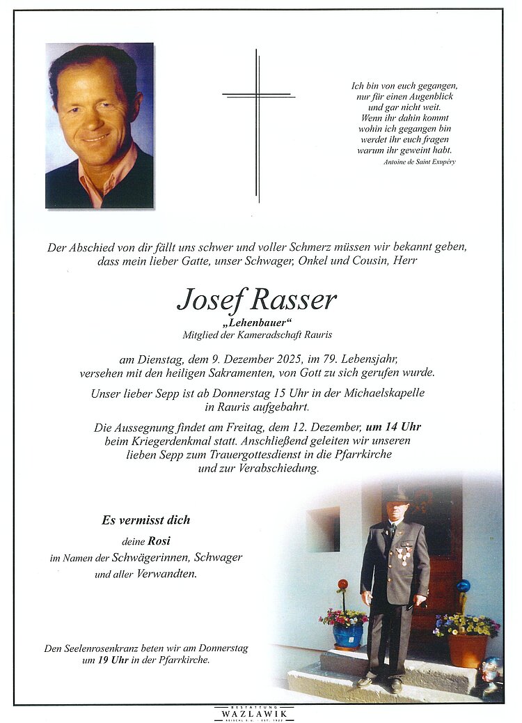 Parte von Josef Rasser † 09.12.2025