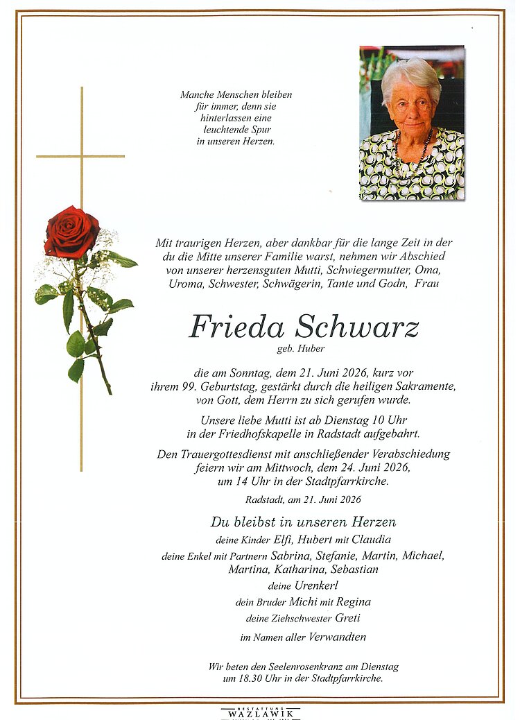 Parte von Frieda Schwarz † 21.06.2026