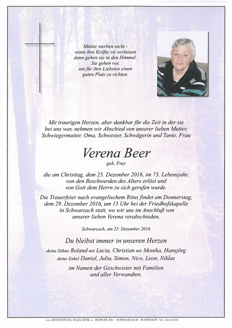 Parte von Verena Beer † 25.12.2016