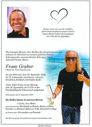 Parte von Franz Gruber † 16.09.2026 aus Schwarzach im Pongau