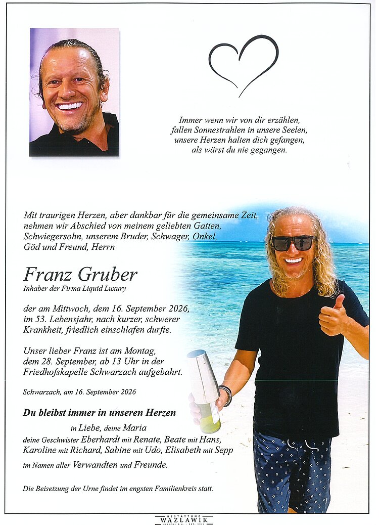 Parte von Franz Gruber † 16.09.2026