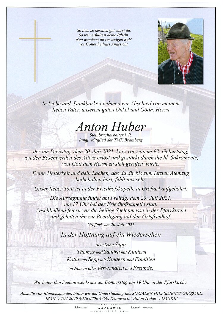 Parte von Anton Huber † 20.07.2021