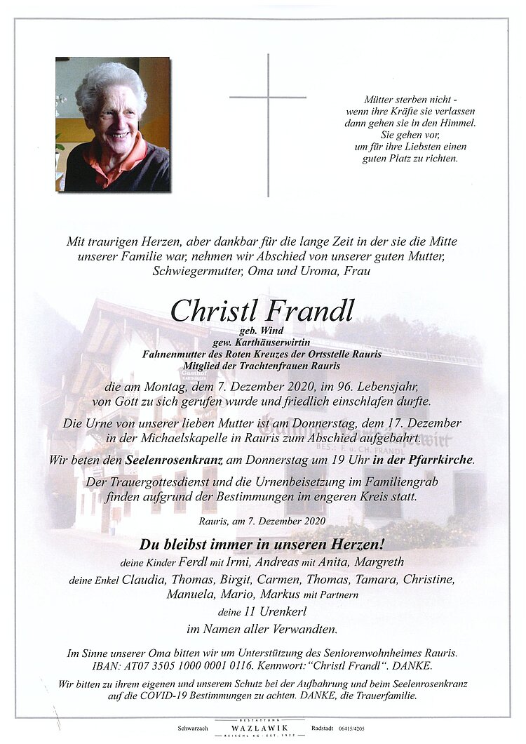 Parte von Christl Frandl † 07.12.2020