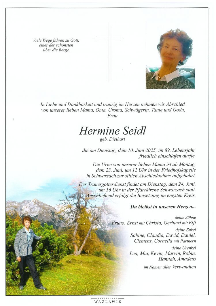 Parte von Hermine Seidl † 10.06.2025