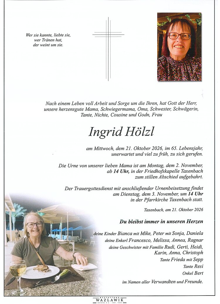 Parte von Ingrid Hölzl † 21.10.2026