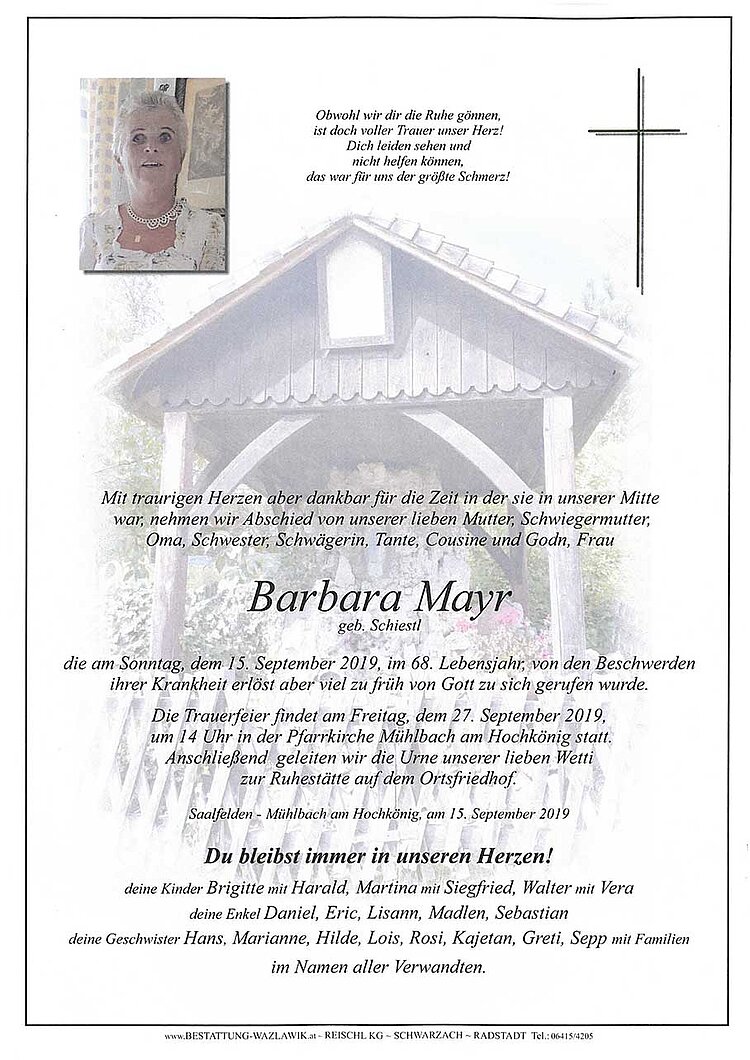 Parte von Barbara Mayr † 15.09.2019