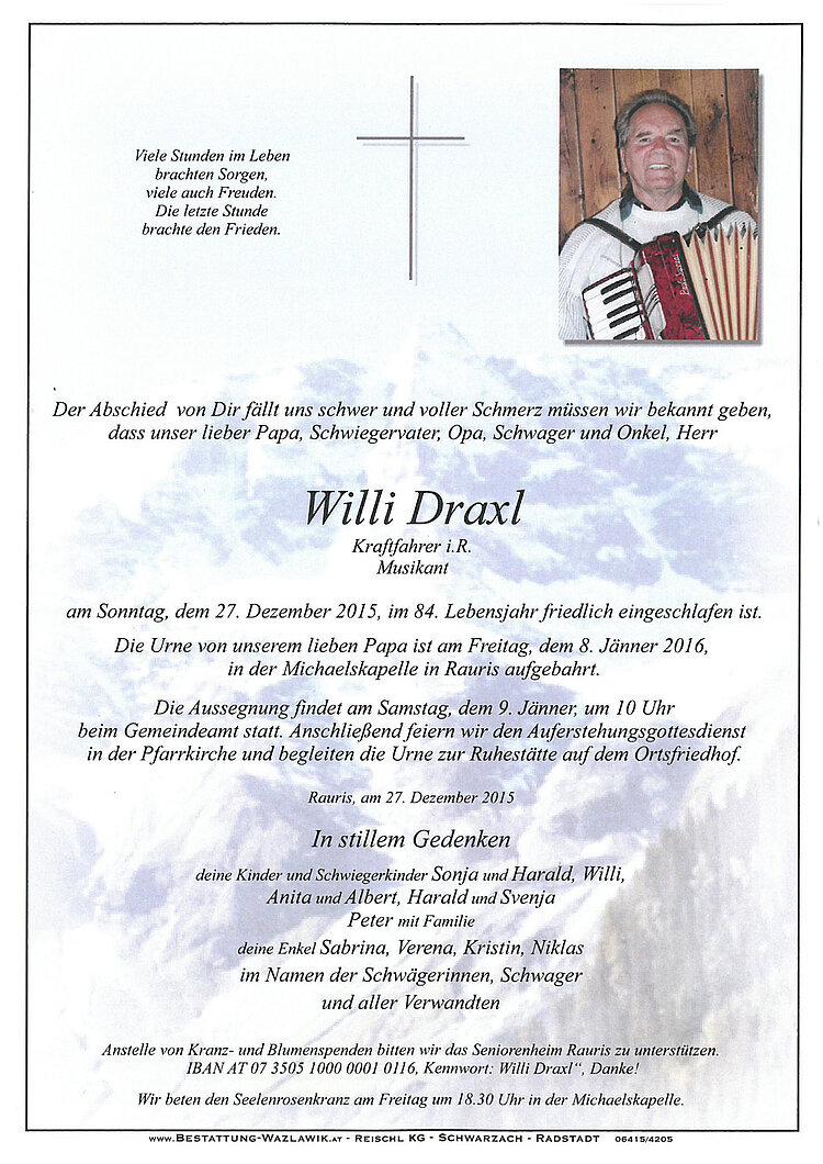 Parte von Willi Draxl † 27.12.2015
