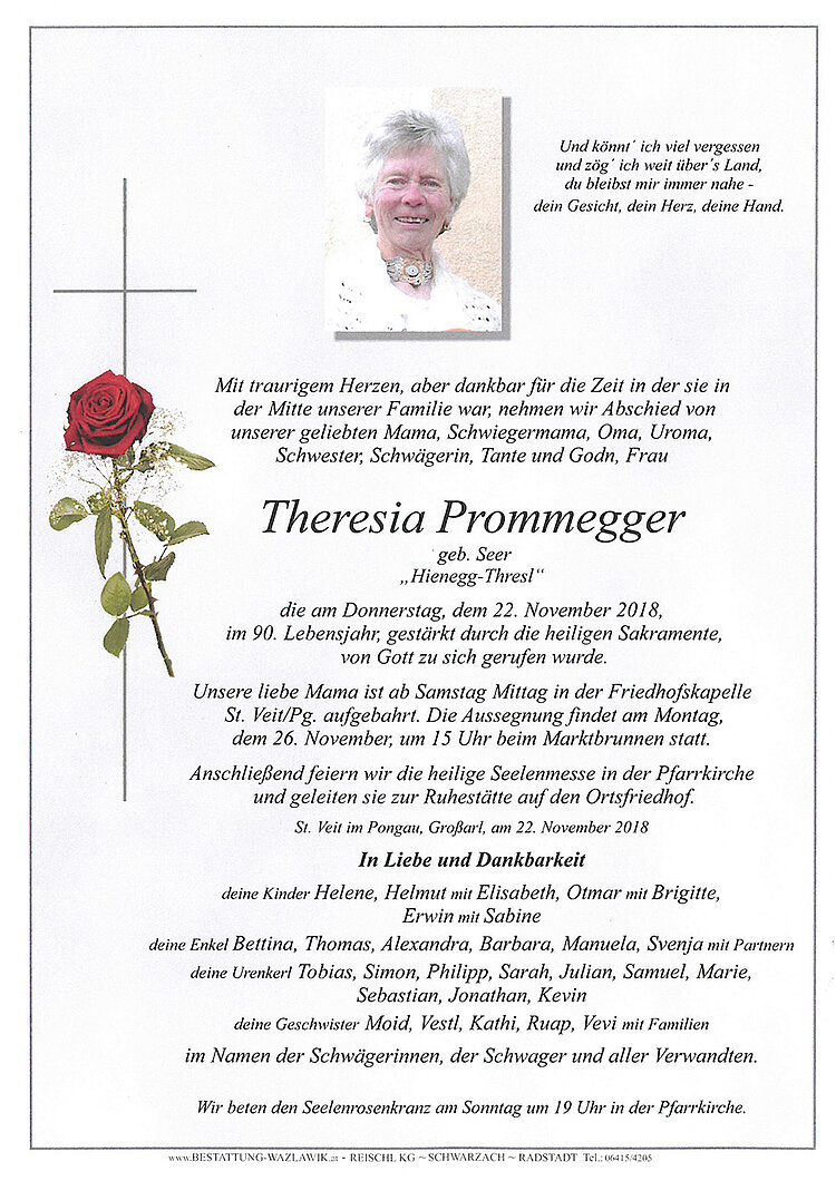 Parte von Theresia Prommegger † 22.11.2018