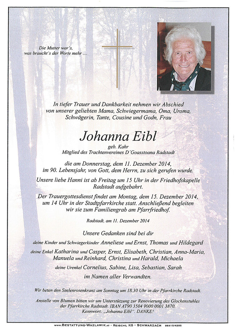 Parte von Johanna Eibl † 11.12.2014