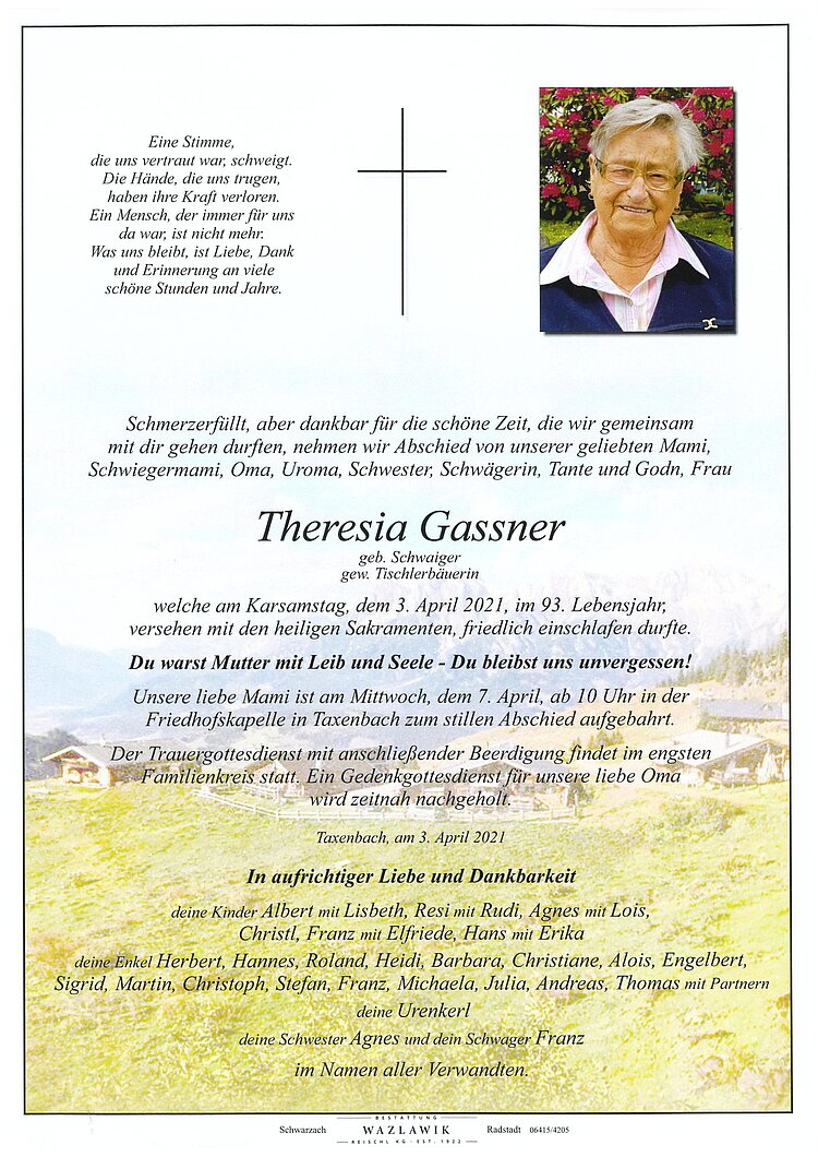 Parte von Theresia Gassner † 03.04.2021