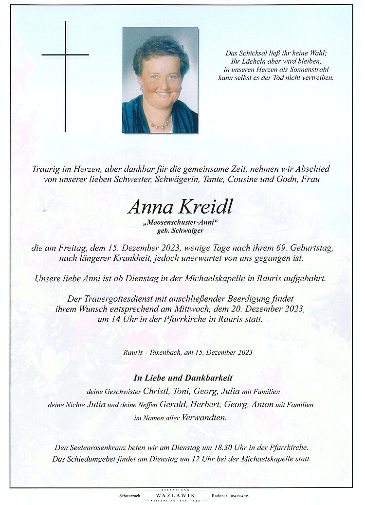 Parte von Anna Kreidl † 15.12.2023