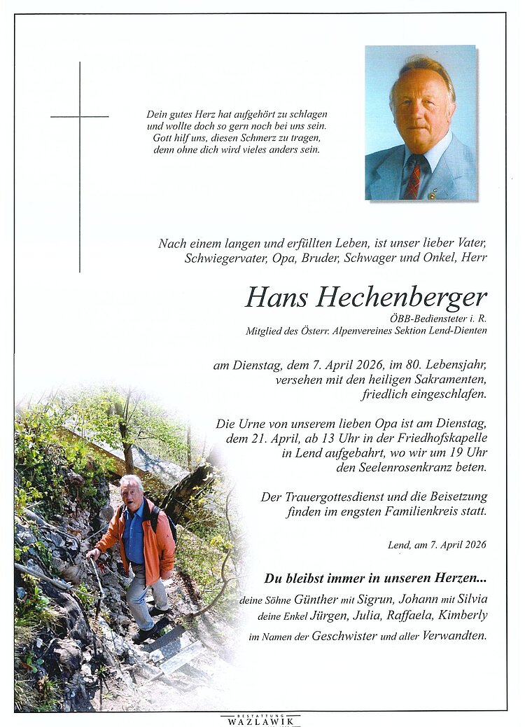 Parte von Hans Hechenberger † 07.04.2026