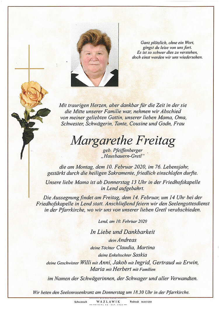 Parte von Margarethe Freitag † 10.02.2020