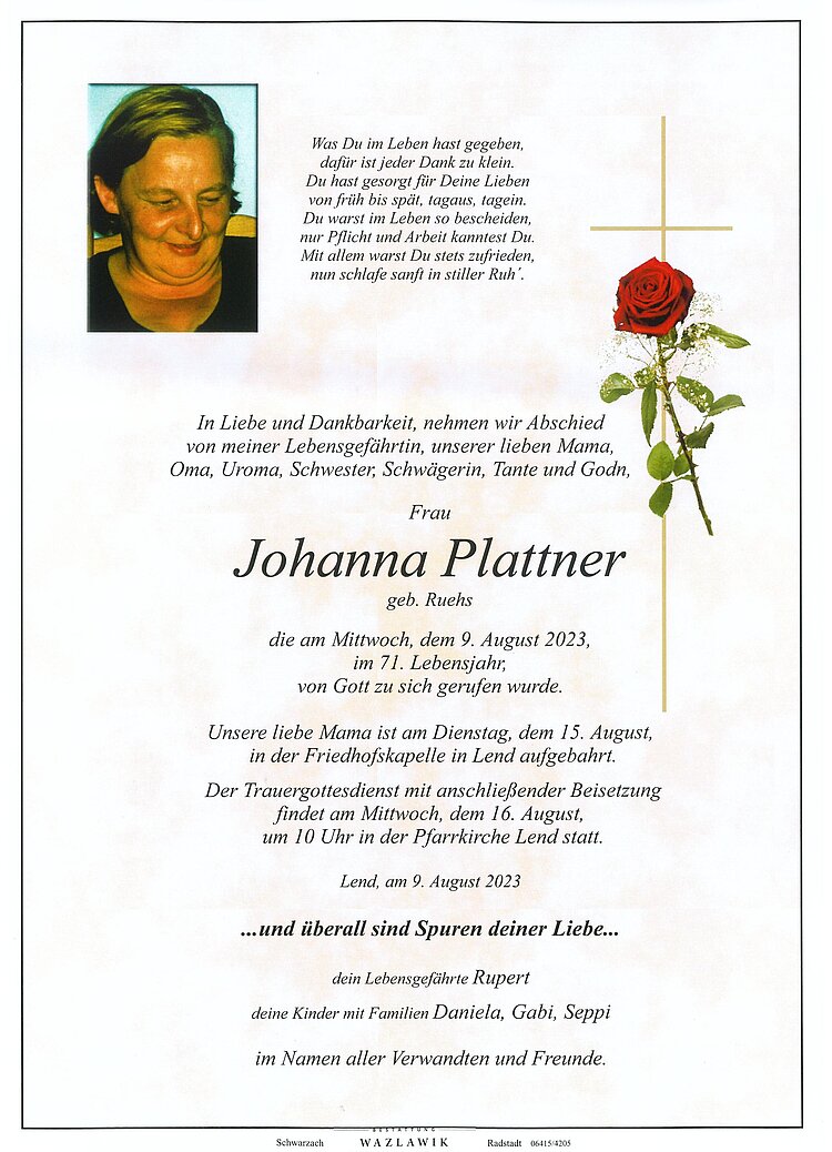 Parte von Johanna Plattner † 09.08.2023