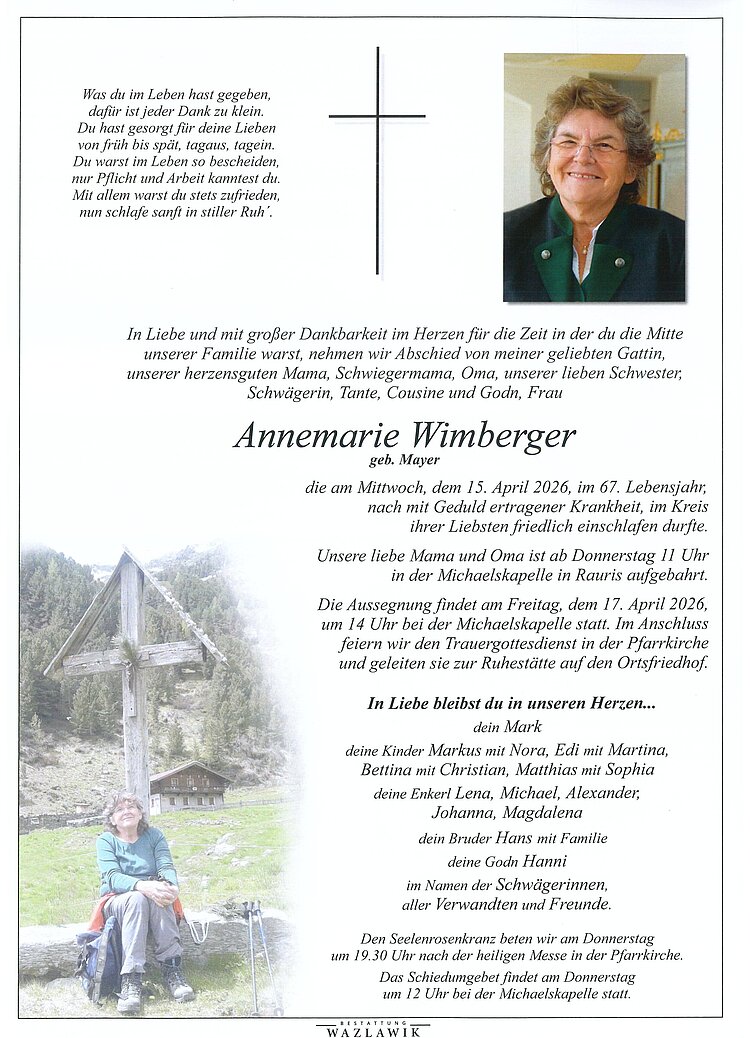 Parte von Annemarie Wimberger † 15.04.2026