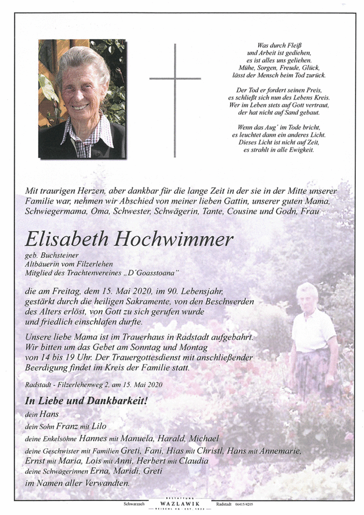 Parte von Elisabeth Hochwimmer † 15.05.2020