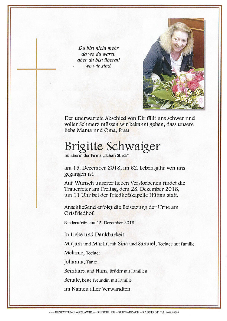 Parte von Brigitte Schwaiger † 15.12.2018