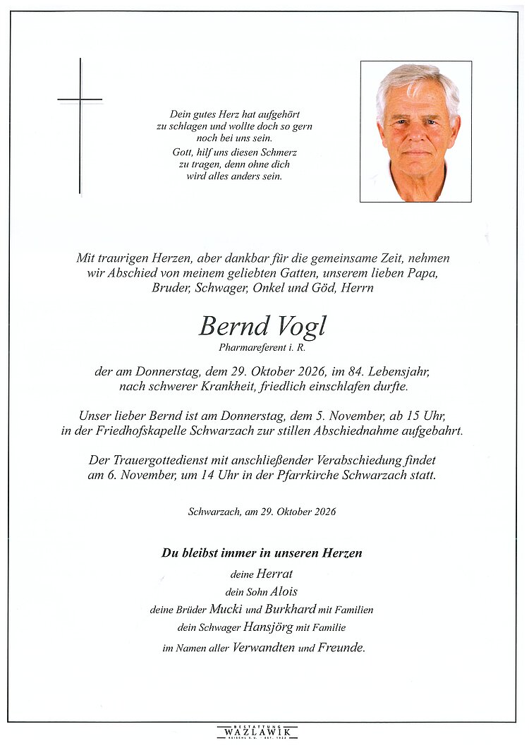 Parte von Bernd Vogl † 29.10.2026