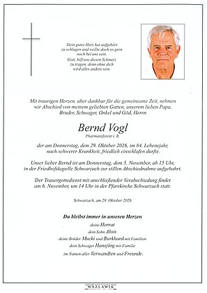 Parte von Bernd Vogl † 29.10.2026 aus Schwarzach im Pongau