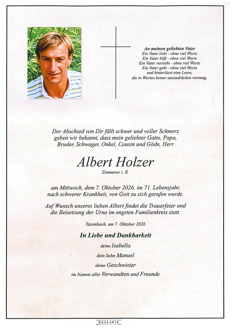 Parte von Albert Holzer † 07.10.2026