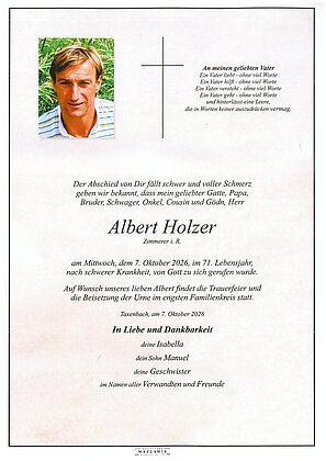 Parte von Albert Holzer † 07.10.2026 aus Taxenbach