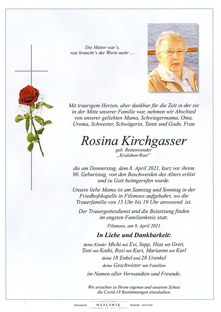 Parte von Rosina Kirchgasser † 08.04.2021