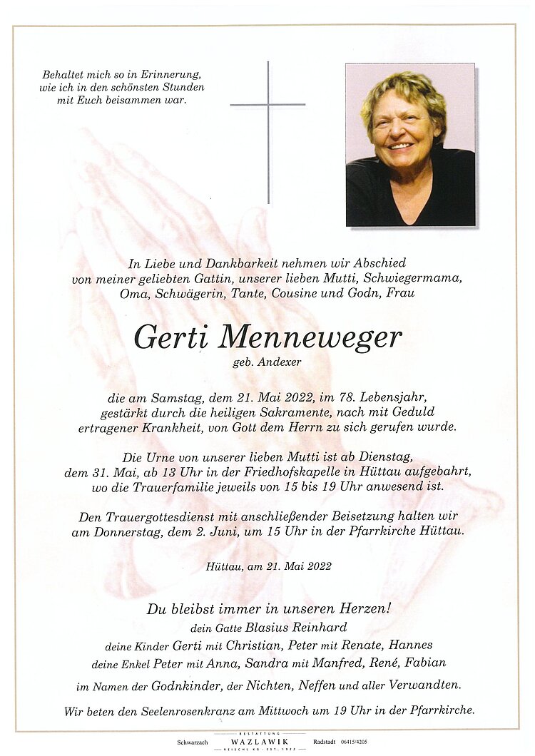 Parte von Gerti Menneweger † 21.05.2022